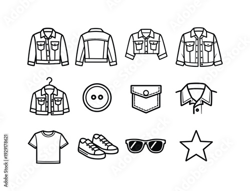 denim jacket. Line outline icon set of denim jacket: denim jacket front view, denim jacket back view, cropped