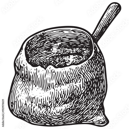 Vintage Primitive Cooking Pot Engraved Survival Camp Kitchen Line Art Illustration