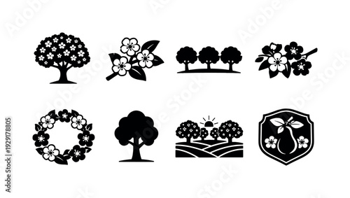 Spring pear orchard outline set. Filled icon set of Spring pear orchard outline set: pear tree in full bloom,
