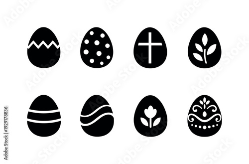 One stroke easter egg collection. Filled icon set of One stroke easter egg collection: continuous zigzag egg,