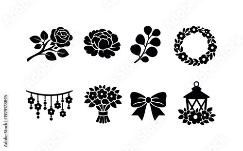 Garden Wedding Icons. Garden Wedding Elements. Filled icon set of Garden Wedding Elements: blooming rose