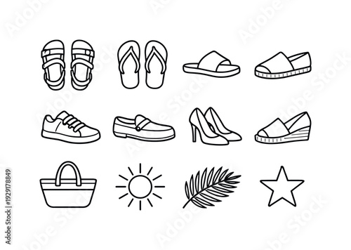 summer footwear outline set. Line outline icon set of summer footwear outline set: sandals, flip flops, slides