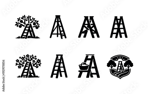 Garden ladder contour drawing icons. Filled icon set of Garden ladder contour drawing icons: wooden ladder in