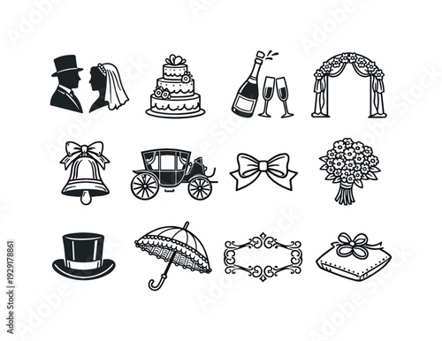 19th century marriage celebration engraving. Line outline icon set of 19th century marriage celebration