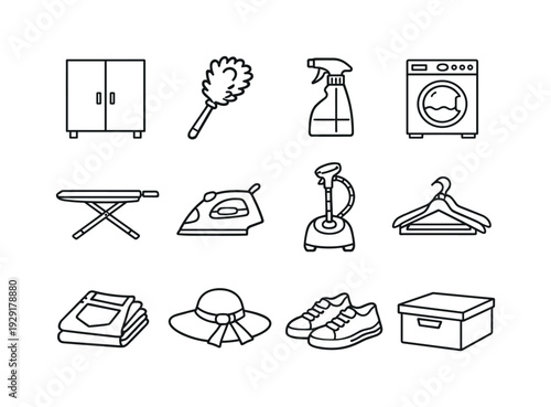 Spring Cleaning Icons. spring cleaning wardrobe concept. Line outline icon set of spring cleaning wardrobe
