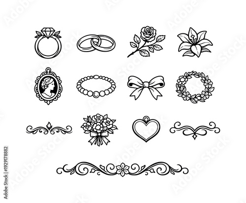 Romantic floral jewelry engraving. Line outline icon set of Romantic floral jewelry engraving: diamond ring,