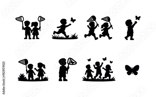 Children catching butterflies line art. Filled icon set of Children catching butterflies line art: two