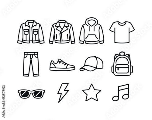 urban street style contour drawing. Line outline icon set of urban street style contour drawing: denim jacket,