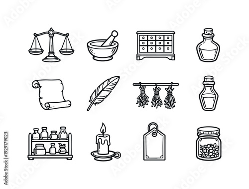 vintage herbal workshop. Line outline icon set of vintage herbal workshop: antique scale, mortar and pestle,