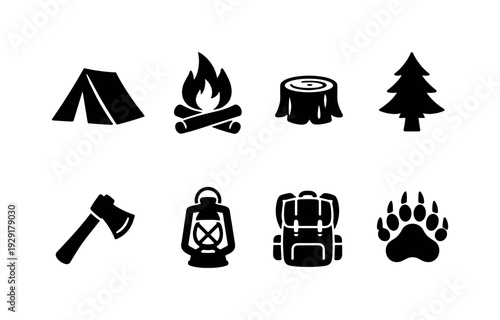 Forest Camping Pattern. Filled icon set of Forest Camping Pattern: tent, campfire, log stool, pine tree, axe,