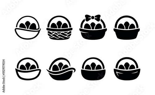 One line easter basket. Filled icon set of One line easter basket: continuous line basket with eggs, single