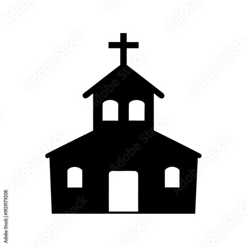 Silhouette of a simple black and white church with a cross