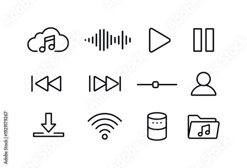 Music Streaming. Line outline icon set of Music Streaming: cloud with music note, streaming waveform, play