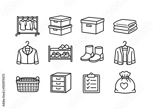 seasonal closet organization spring. Line outline icon set of seasonal closet organization spring: clothing