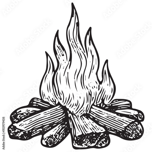 Vintage Campfire Engraving Hunting Survival Firewood Outdoor Camping Line Art Illustration
