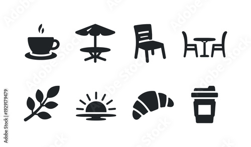 Cafe terrace vibe. Filled icon set of Cafe terrace vibe: espresso cup, umbrella shade, outdoor chair, table,