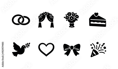 Wedding Love Symbols. Filled icon set of Wedding Love Symbols: intertwined rings, wedding arch with flowers,