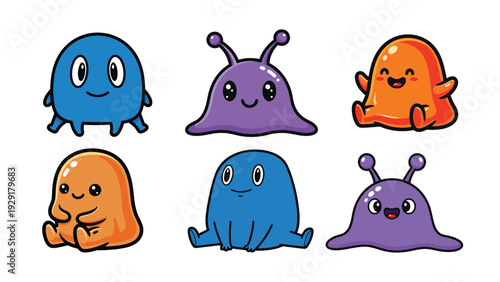 CR 1Cute Cartoon Slime Character Set, Colorful Vector Monster Emotes for Kids Graphic Design.