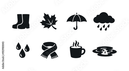 Autumn rain. Filled icon set of Autumn rain: rain boots, fallen leaf, umbrella, cloudy sky, raindrops, scarf,