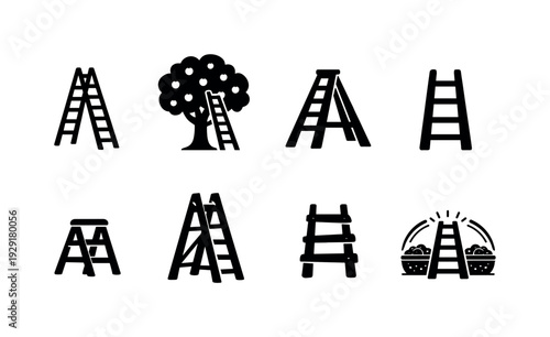 Farm orchard ladder outline collection. Filled icon set of Farm orchard ladder outline collection: classic