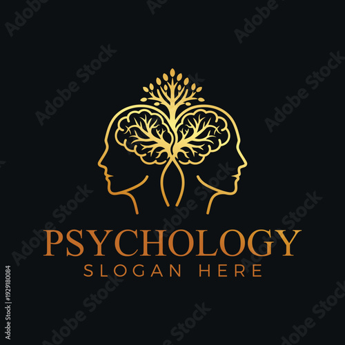Stunning psychology logo with human heads and tree growing from brains