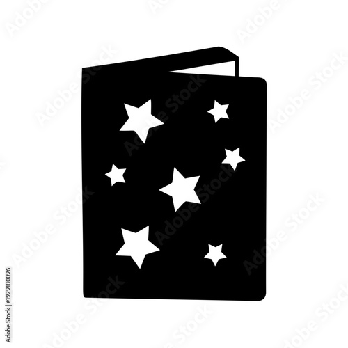 Black and white illustration of an open book with star patterns