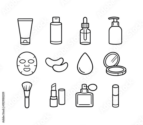 spring glow beauty routine. Line outline icon set of spring glow beauty routine: cleanser tube, toner bottle,