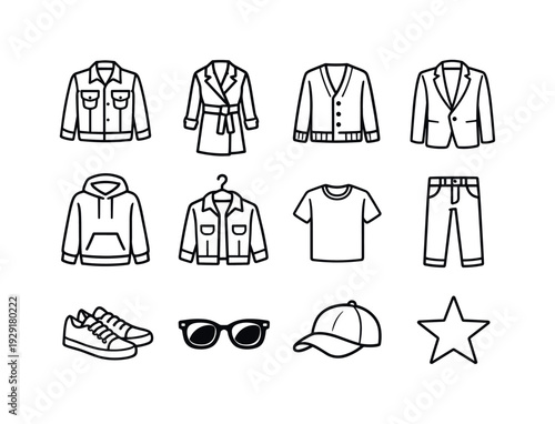 casual spring outerwear outline set. Line outline icon set of casual spring outerwear outline set: denim