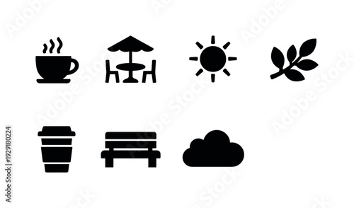 Fresh coffee outside. Filled icon set of Fresh coffee outside: coffee cup, steam lines, outdoor table, sun,