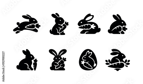 Single stroke bunny carrot collection. Filled icon set of Single stroke bunny carrot collection: one line