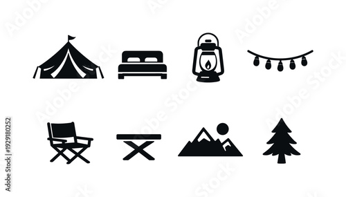 Glamping Pattern. Filled icon set of Glamping Pattern: luxury tent, bed, lantern, string lights, chair, table,