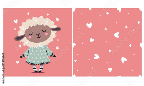 Set of prints for printing on children's products, cute sheep in a dress on a dusty pink background with hearts. Seamless vector pattern. Vector illustration