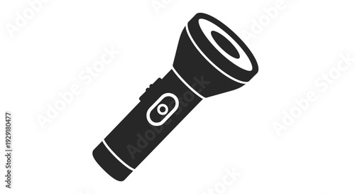 Black and white simple modern flashlight vector graphic illustration on a plain background for emergency lighting or essential camping design elements.