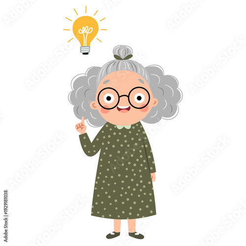 A flat vector illustration in a simple children's style. The sweet grandmother solved the problem, an idea came to her, a light bulb appeared above her head. . Vector illustration