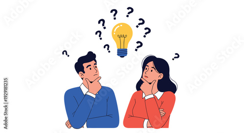 Professional man and woman brainstorming creative solutions while contemplating new ideas shown by question marks and a bright yellow lightbulb.