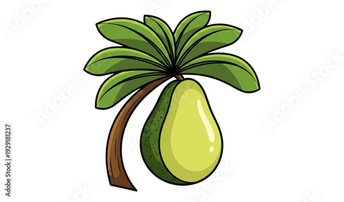 A colorful illustration of a pear with a palm tree design