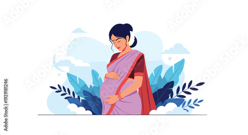 Beautiful pregnant woman wearing a traditional purple and red saree standing gracefully amidst a background of lush blue leaves and soft clouds.