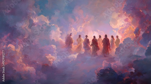 Ethereal robed figures ascending through a celestial realm of soft, pastel clouds, symbolizing spiritual transcendence and a dreamlike journey towards enlightenment.