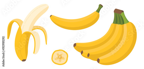 Peeled Banana Bunch and Slice on White Background, Fresh Banana Fruit Illustration with Detailed Realistic Style.