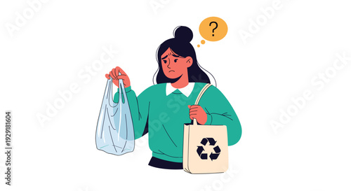 Concerned woman standing and comparing a thin transparent plastic bag with a reusable cloth tote bag featuring a recycle symbol.
