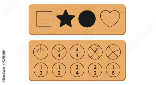 Educational wooden puzzle set featuring basic geometric shapes like stars and circles along with circular disks divided into various fractions.