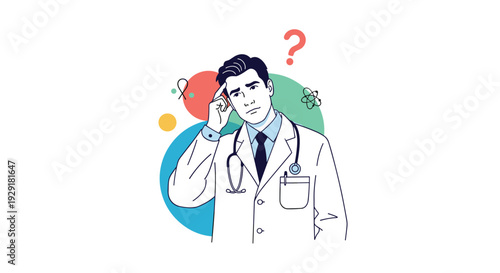 Professional male doctor in a white lab coat with a stethoscope thinking deeply with a question mark and medical icons in the background.