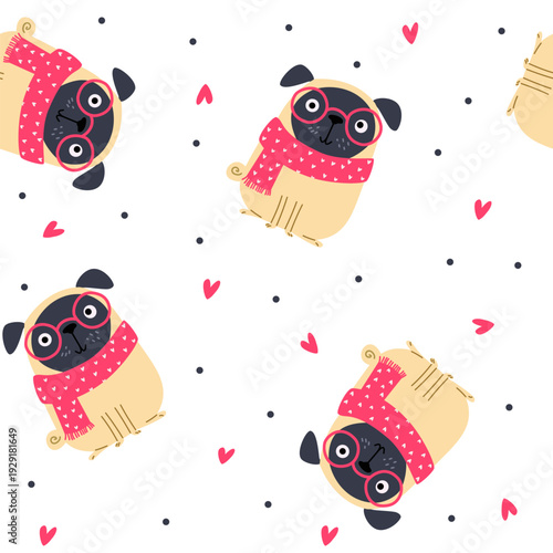 Seamless vector pattern. Cute pug wearing a scarf and glasses, hearts . Vector illustration