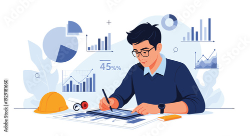 Focused professional man in a dark sweater working on a tablet surrounded by complex business charts graphs and an orange construction helmet.