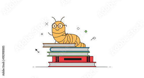 Happy cartoon bookworm with glasses perched on top of a colorful stack of books surrounded by small geometric decorative elements.