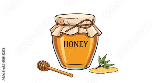Large glass jar of golden honey with a paper lid and string featuring a wooden dipper and a small puddle of honey.