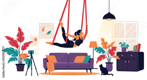 Young woman practicing aerial yoga on red silk hammocks in a cozy modern living room with green plants and a black cat.
