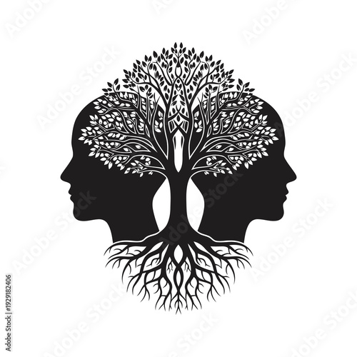 Stunning symbolic illustration of two heads with tree growing from shared roots