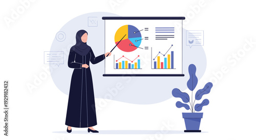 Professional Muslim woman in traditional black hijab giving a business presentation with various data charts and graphs on a projector screen.