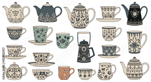 Large assortment of vintage style ceramic teapots and teacups decorated with intricate floral patterns and blue and beige color palettes.